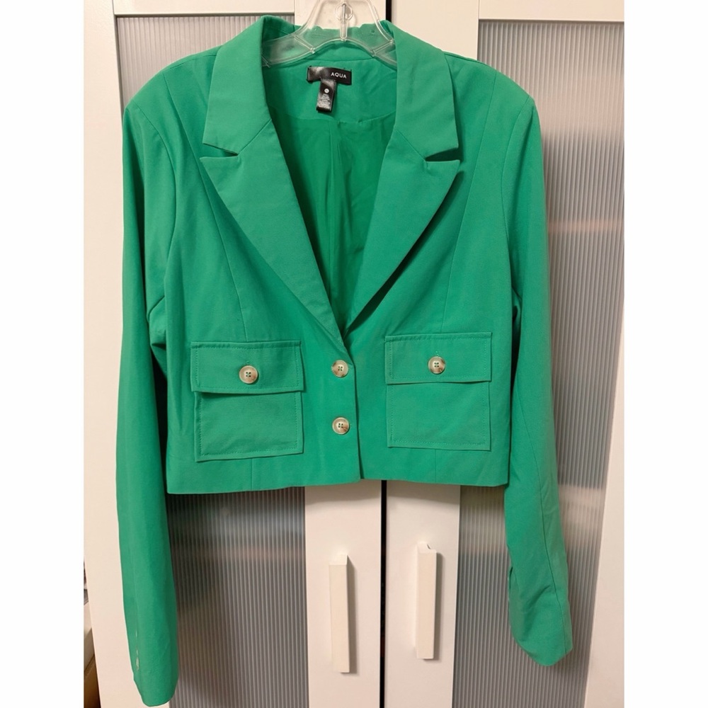 NWT Bloomingdale's Aqua Linen Vibrant Green Women's Cropped Boxy Blazer XL